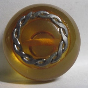 ANTIQUE STUNNING 1920&#39;s French Apple Juice Art Deco Dome Solid Thick Bakelite GLOW Button w/ Silver Escutcheon Braided Accent....#965