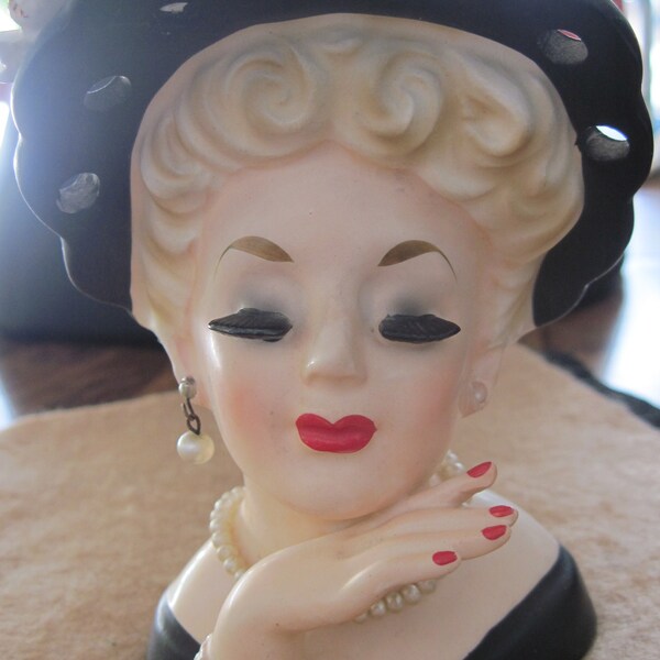 VINTAGE Black Hat,Pearl Earring & Necklace Blonde Hair Ceramic Lady's Head Planter/Vase,50's.....Gift for Mom,Housewarming Gift,She Shed