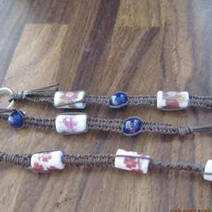 AWESOME UNISEX HandMade Macrame Lt. Brown LOnG Key Chain w/ Oriental Hand Painted Porcelain Beads.........OOAK....Original Design....