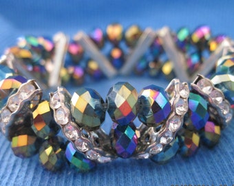 GORGEOUS Peacock Metallic AB Crystal Bead Stretch Bracelet...HandMade......6861.