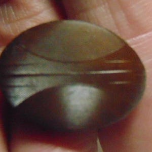 May include: A dark brown, oval button with a textured surface and a subtle, horizontal design. The button appears to be made of a smooth, possibly polished material, with a slight sheen. The button is held in a hand.