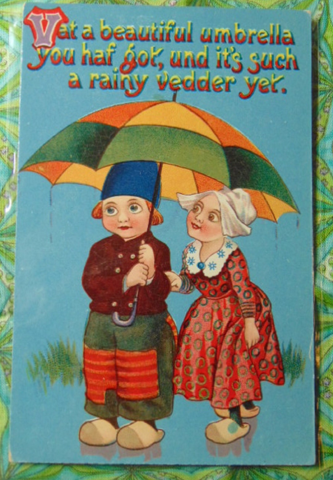 Antique BEAUTIFUL Vat a Beautiful Umbrella You Haf Got... Dutch Boy & Girl Postcard..unused