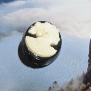 May include: A white cameo featuring a woman's profile, set in a black circular base. The cameo is a vintage style accessory.
