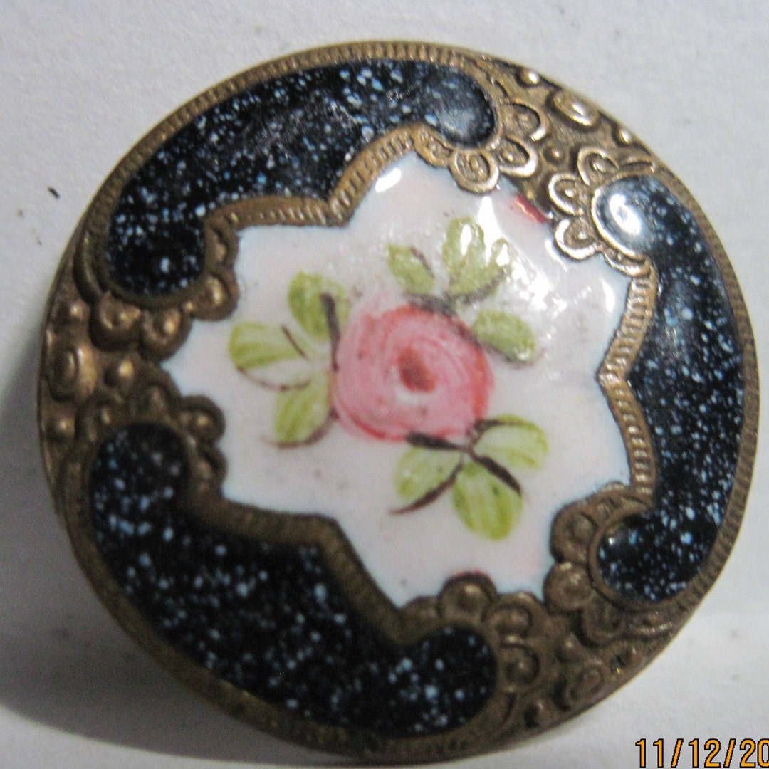 ANTIQUE BEAUTIFUL Elegant Champleve Brass/gold Pink Rose Blue Speckled ...