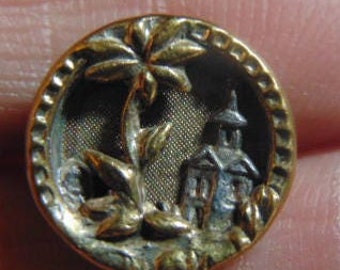 ANTIQUE SPLENDID Brass Victorian Picture Button w/ Silver Metal Church or School.....#1521