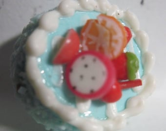 DELIGHTFUL Realistic Figural Pastry Button- Blueberry Tart w/ Vanilla Icing & Mixed Fruit ....#1505