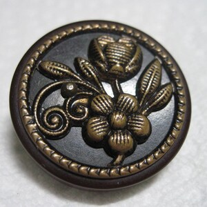 ANTIQUE ELEGANT Antique Cocoa Brown Bakelite Button w/ Brass Filigree Floral...#114