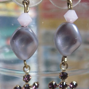 Swarvoski Pink Opal Crystal & Amethyst Crystal Cross and Swarvoski Lilac Wavy Pearl Earrings...HANDMADE...# 88h