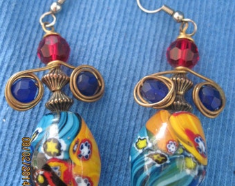 STUNNING VINTAGE UNIQUE Gold & Hand Blown Millefiori Lamp Work Multi Color Dangle Pierced Earrings..6703....Retro,Boho,Gift for Her,Elegance