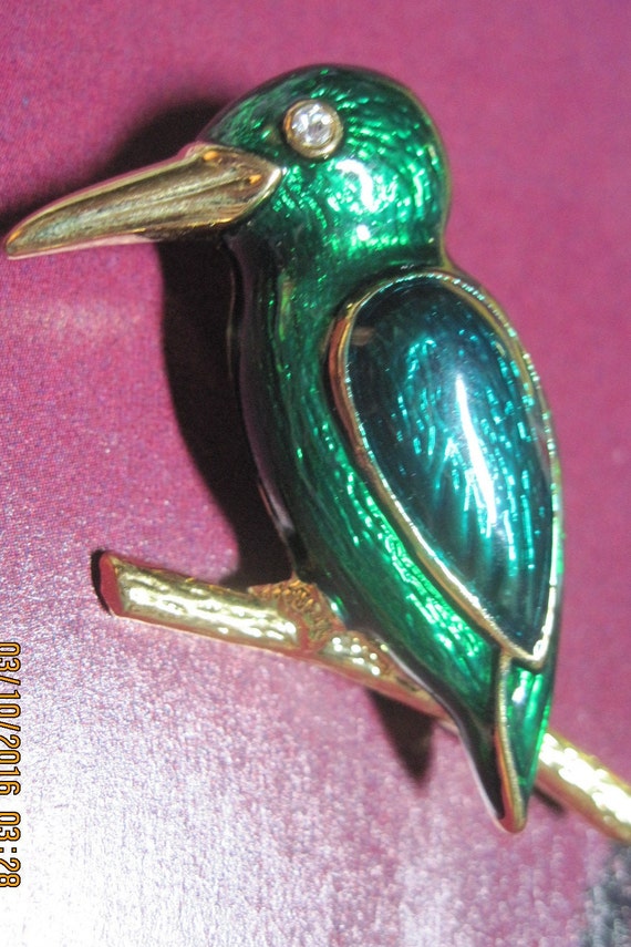 Vintage ROMANTIC Gold & Highly Green Enamel Hummi… - image 2