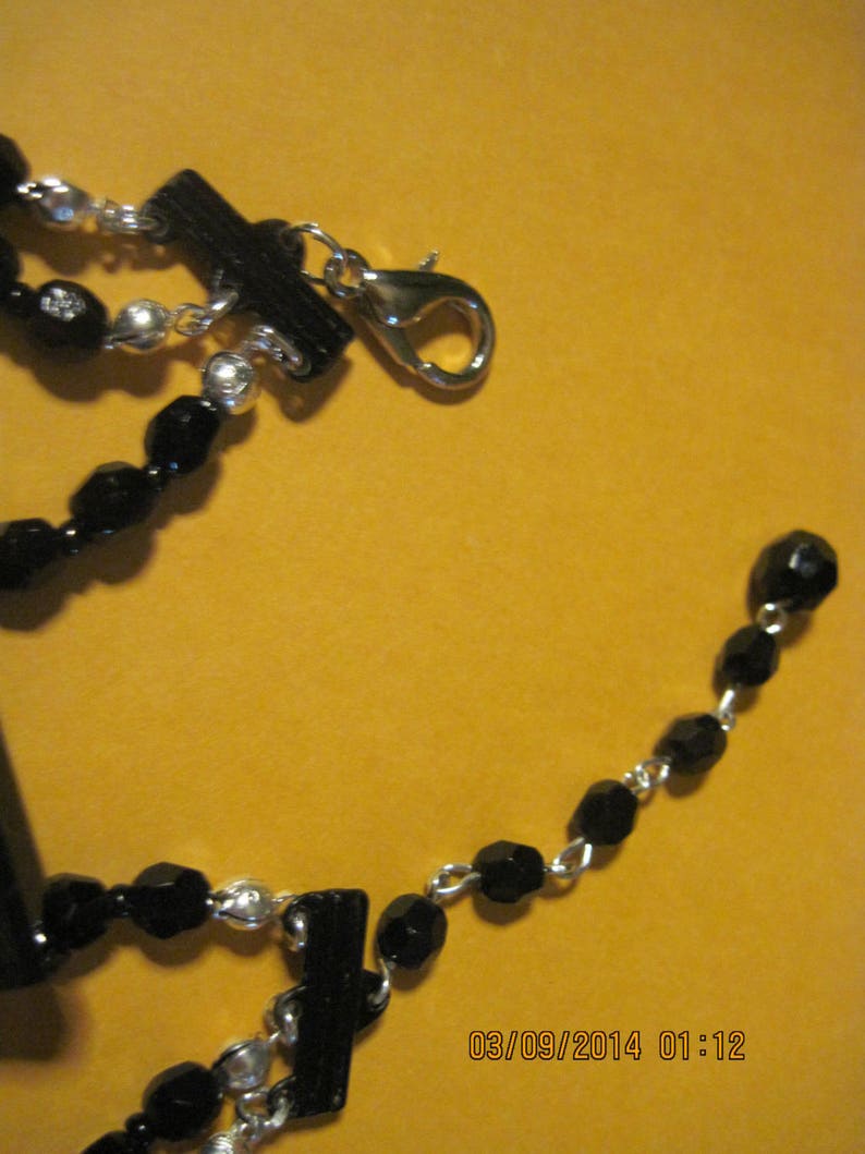 Beautiful Black Faceted Glass 3 Strand Necklace UPCYCLED into a Reversible Diamond Shape Pendant Neck and Earring 3 in 1 Set..1495h...OOAK