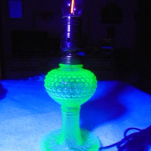 Vintage BEAUTIFUL 1920's/30's Boudoir Vaseline/Uranium Hobnail Glass Table Electric Lamp &/or Brocade Beaded Lampshade/selling as found/Mom