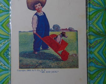 ANTIQUE Excellent 1905/07 Me & Jack Boy w/ Pup in Wheelbarrow Postcard..UsED..1826 Paper Ephemera,Collecting Postcard,Scrapbook