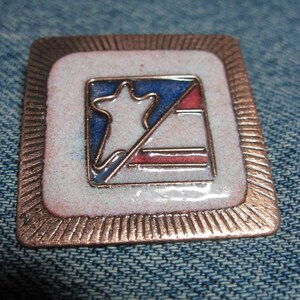 May include: A copper-colored metal pin with a white enamel background. The pin features a blue and red enamel design of a star and stripes.