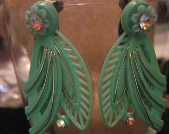 Vintage 50's UNUSUAL SeaFoam Green Large Leaf w/ AB Crystal Celluloid/Plastic Clip Earrings.#4347   Bridal Wear/ Holiday/ Special/Anytime