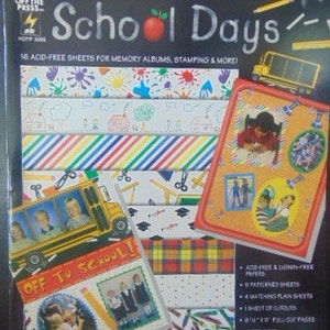 May include: A package of Fiskars Paper Pizzazz School Days scrapbook paper. The cover features the text "Paper Pizzazz School Days" with an apple graphic. The package includes patterned sheets, plain sheets, and cutouts, perfect for memory albums and paper crafting.