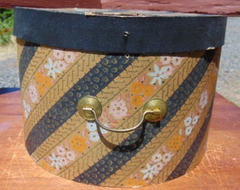 Antique 1900's-30's BEAUTIFUL Black & Gold Art Deco Floral Cardboard Hat Box w/ Handles...Antique Hat Boxes,Hat Boxes