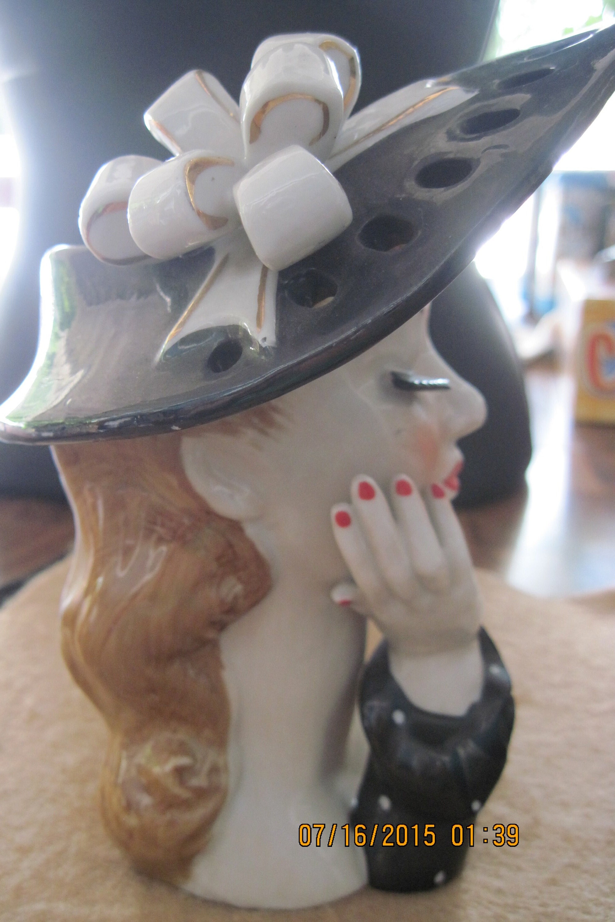 VINTAGE Black & White Polka Dot Ceramic Blonde Lady's Head Planter
