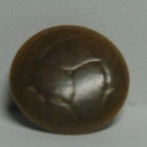 May include: A brown, rounded button with a slightly irregular surface. The button has a smooth, reflective finish and appears to be made of a solid material. The button's shape is a flattened sphere, and it is likely used for fastening clothing or other fabric items.
