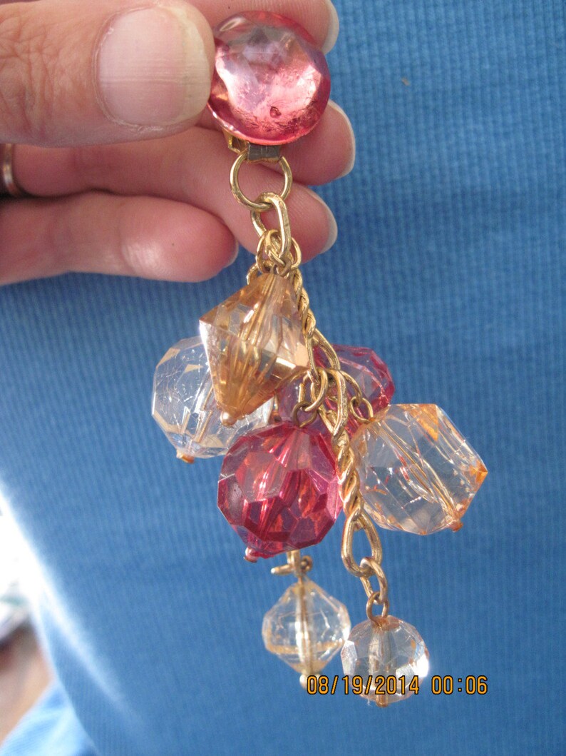 Vintage BIG BOLD STATEMENT Long Gold and Amber,Rose /& Clear Faceted Chunky Lucite Beaded Dangle Stud Earrings..#7188 Play TimeDress Up