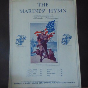 Vintage BEAUTIFUL Graphics 1929 The Marine&#39;s Hymn Piano & Words Sheet Music..197..Vintage Paper,Music Collectors,Crooners