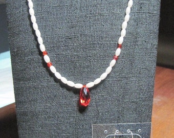 Handmade White Rice Pearl & Swarvoski Siam Teardrop Necklace and Earrings SET...original design ..1694h..Bridal Wear,Valentines,Gift 4 Her