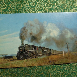 May include: A black steam locomotive with a plume of white smoke trailing behind it. The train is traveling through a green field with a blue sky in the background.