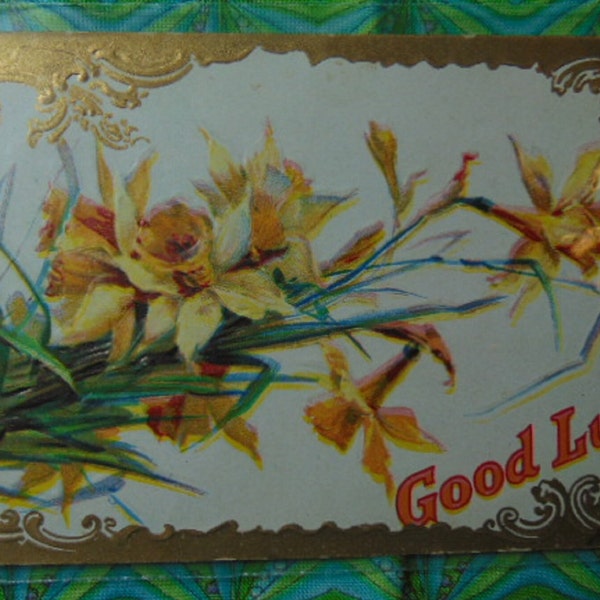 ANTIQUE BEAUTIFUL 1911 Good Luck Daffodil Embossed Gilt Postcard...Used....#1602,1631.. Paper Ephemera,Collecting Postcard,Scrapbook