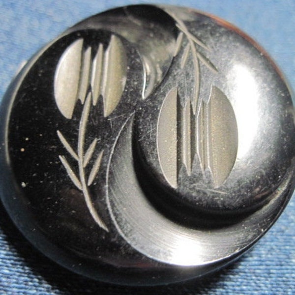 ANTIQUE LOVELY 1930's Art Deco Carved 1 5/8" Licorice Black Bakelite Coat Button w/ Ying Yang & Floral Design.....#2887