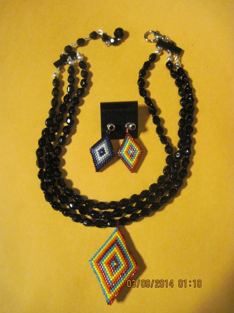 Beautiful Black Faceted Glass 3 Strand Necklace UPCYCLED into a Reversible Diamond Shape Pendant Neck and Earring 3 in 1 Set..1495h...OOAK