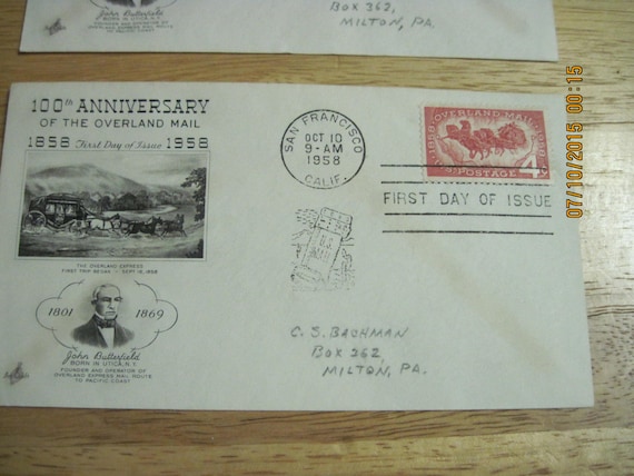 VNTAGE Set of 2 100th Anniversary The Overland Mail 1858-1958 Envelopes with Stamps...Postmark 1959...EXCELLENT CONDITION For Age