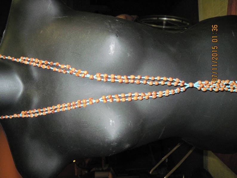 Antique BEAUTIFUL Long Turquoise Seed /& /'SEED/' Beads Dbl Strand w Fringe Dangle Necklace ...7935...ElegantWeddingEvening Wear