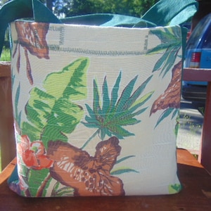 Handmade VINTAGE 40&#39;s Florida&#39;s Big Leafy Barkcloth & Dk. Green Duckcloth Double Strength Shopping/Tote Bag...Shopping,Travel,School,Office