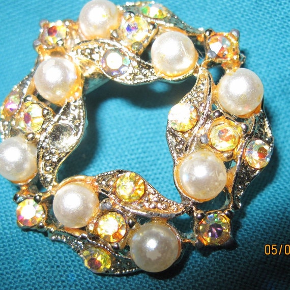 ANTIQUE GORGEOUS Gold Faux Pearl & Topaz Crystal … - image 2