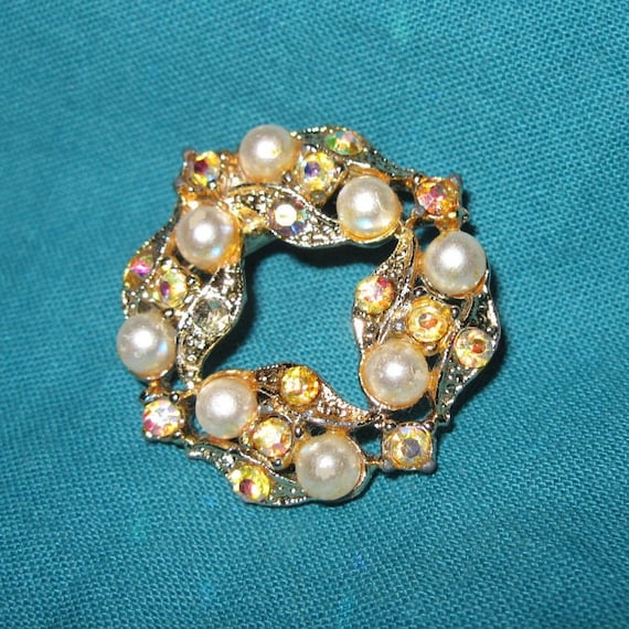 ANTIQUE GORGEOUS Gold Faux Pearl & Topaz Crystal … - image 1