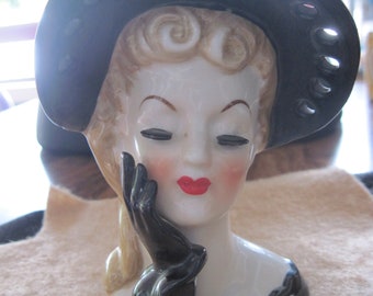 VINTAGE Black Gloves,Hat & Dress Blonde Hair Ceramic Lady's Head Planter/Vase..50's..Home Decor,Gift for Mom,Housewarming Gift,She Shed