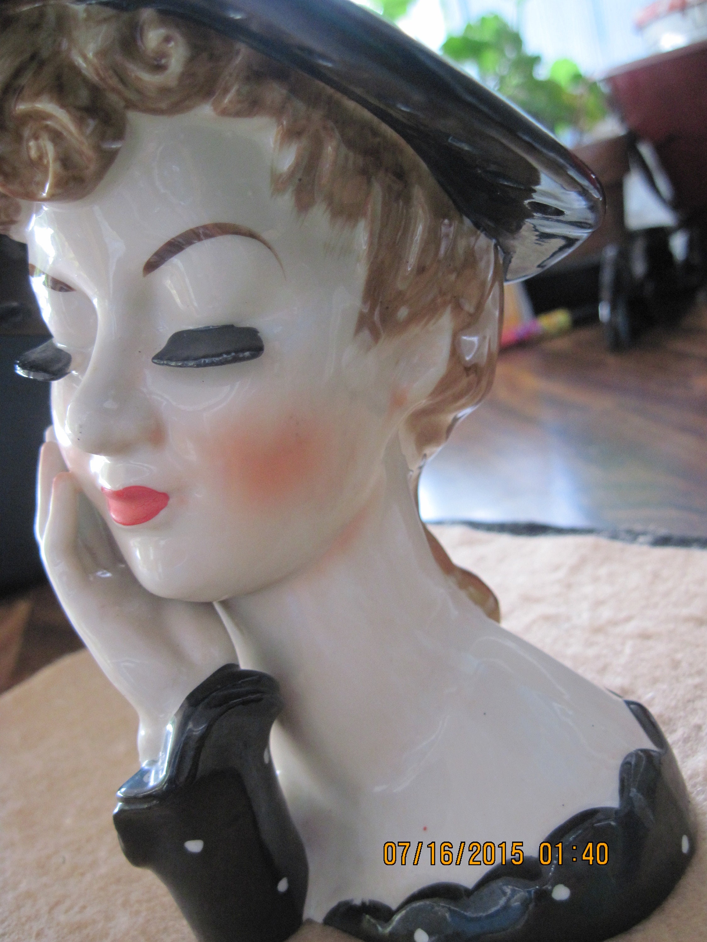 VINTAGE Black & White Polka Dot Ceramic Blonde Lady's Head Planter