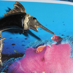 Vintage SUPERB Gold & Black Enamel Highly Detailed Figural Swordfish Brooch....#9030....Sea Life Jewelry,Office or Play Wear,Beach Lover,
