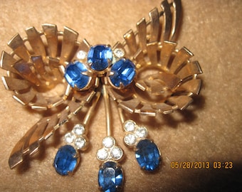 STUNNING Antique Fancy Gold & Crystal Sapphire Bow LARGE Pendant/Brooch..2 in 1..3229...Bridal Jewelry,Elegant Jewelry,Holiday Jewelry