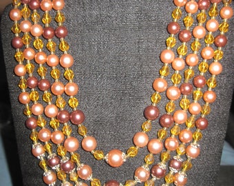 Vintage GORGEOUS 50's Faux Pearl 2 Toned Browns & Topaz Faceted Glass 5 Strand Necklace ..#8310..Gift 4 Mom,Gift 4 Her