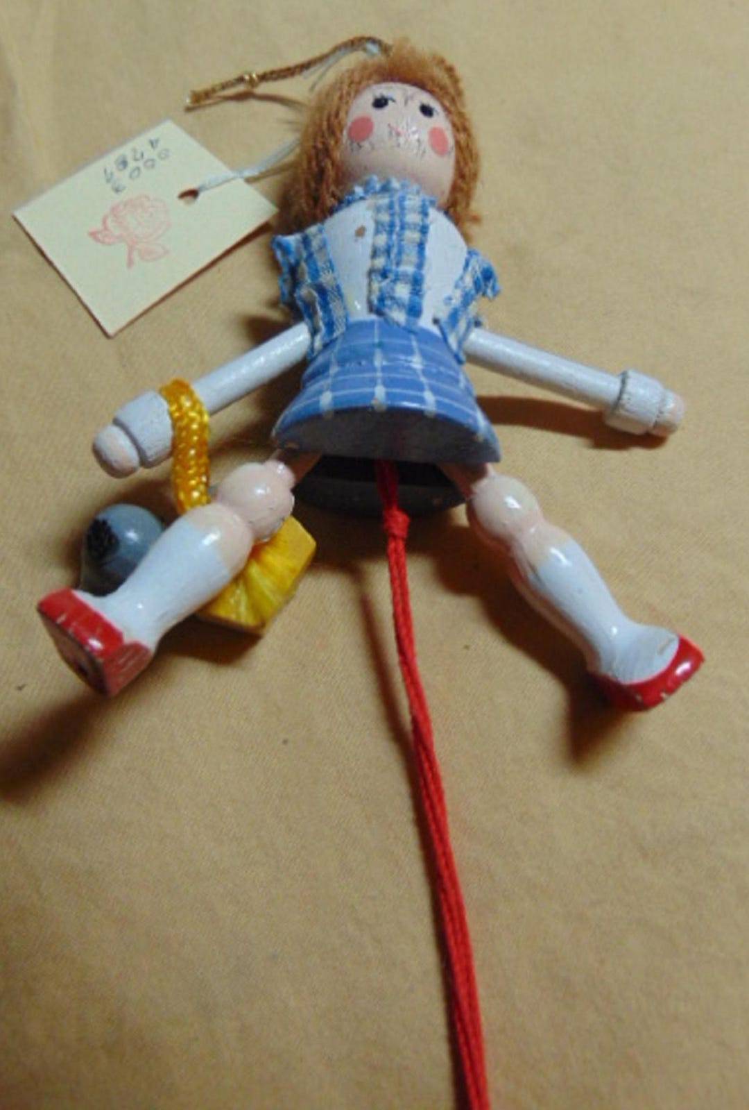 Vintage SPLENDID Wood Doll W/puppy in Basket Pull String Toy Ornament ...