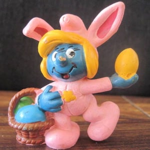 Vintage Smurfette in Pink Bunny Suit w/ Easter...1982...Peyo...Portugal...Gift 4 Easter,Gift 4 Boy or Girl,Collector,Country Gal,Gift 4 BFF
