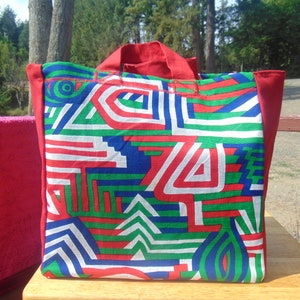 Handmade VINTAGE 60&#39;s Italian Abstract Barkcloth & Red Duckcloth Double Strength Shopping/Tote Bag...Shopping,Travel,School,Office