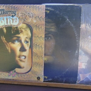 May include: Three vinyl record albums displayed on a wooden stand. The first album cover features a portrait of Anne Murray with the text "Anne Murray Snowbird" in a stylized font against a tan and brown patterned background with small pink flowers.