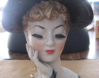 VINTAGE Black & White Polka Dot Ceramic Blonde Lady's Head Planter