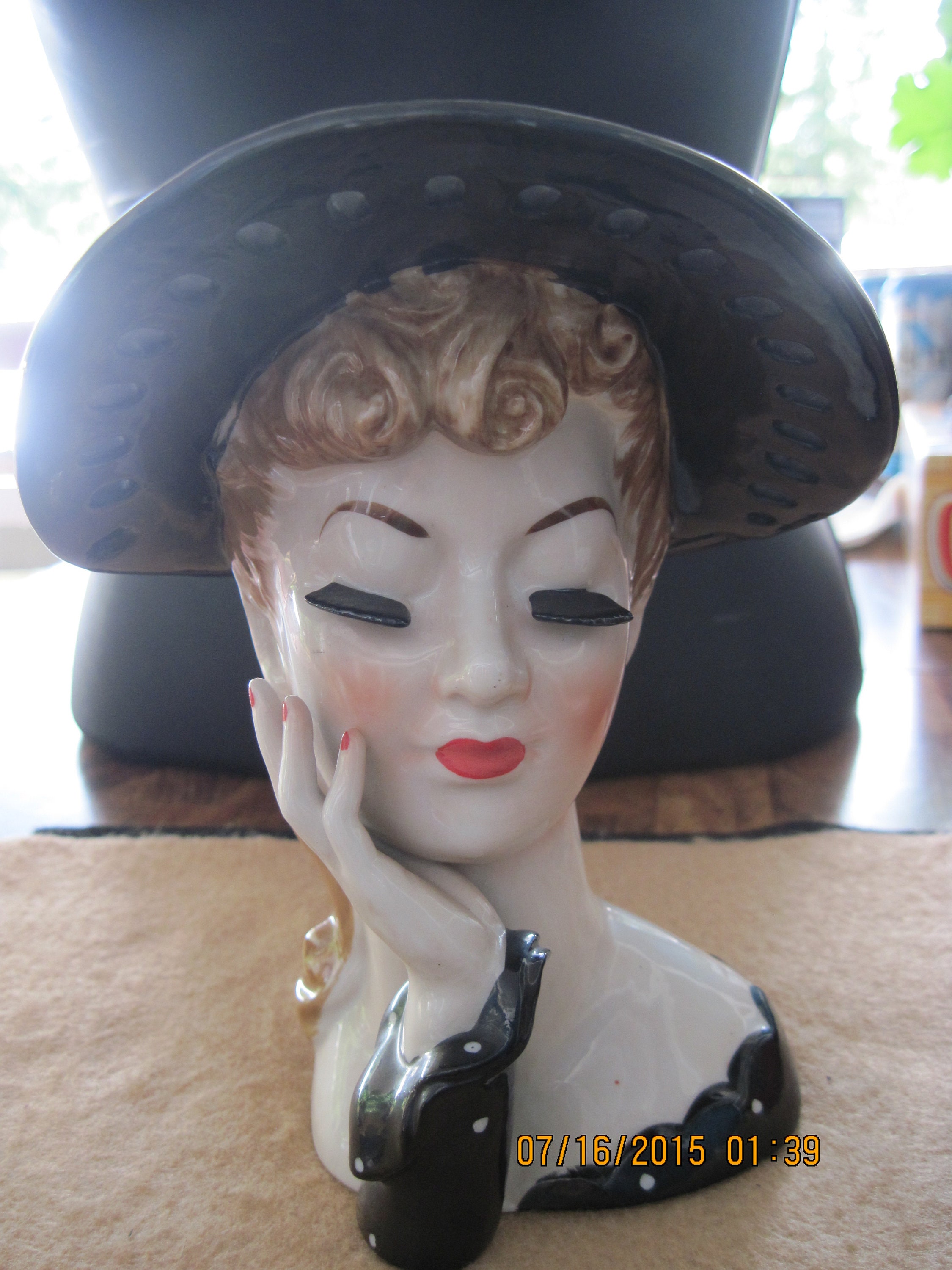 VINTAGE Black & White Polka Dot Ceramic Blonde Lady's Head Planter