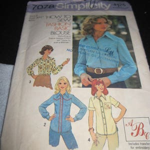 Vintage SIMPLICITY Pattern #7078.. sz.6....fashion basic blouse with transfers....1975...#53....