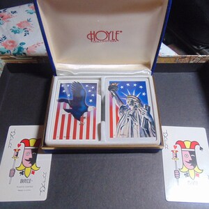 Vintage 50&#39;s-70&#39;s? HOYLE Double Deck PATRIOTIC Playing Cards in Blue Felted Hinge Box.....Vintage Playing Cards,Scrapbooking,Card Making