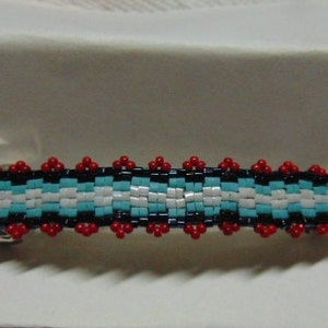 Blue Metallic,Turquoise,White & Red Toho 1.5 mm CUBE/ROUND Beaded 3 Stripe/Lacy Barrette...Extra Large SiNgLe..HaANMADe... OOAK #1820h