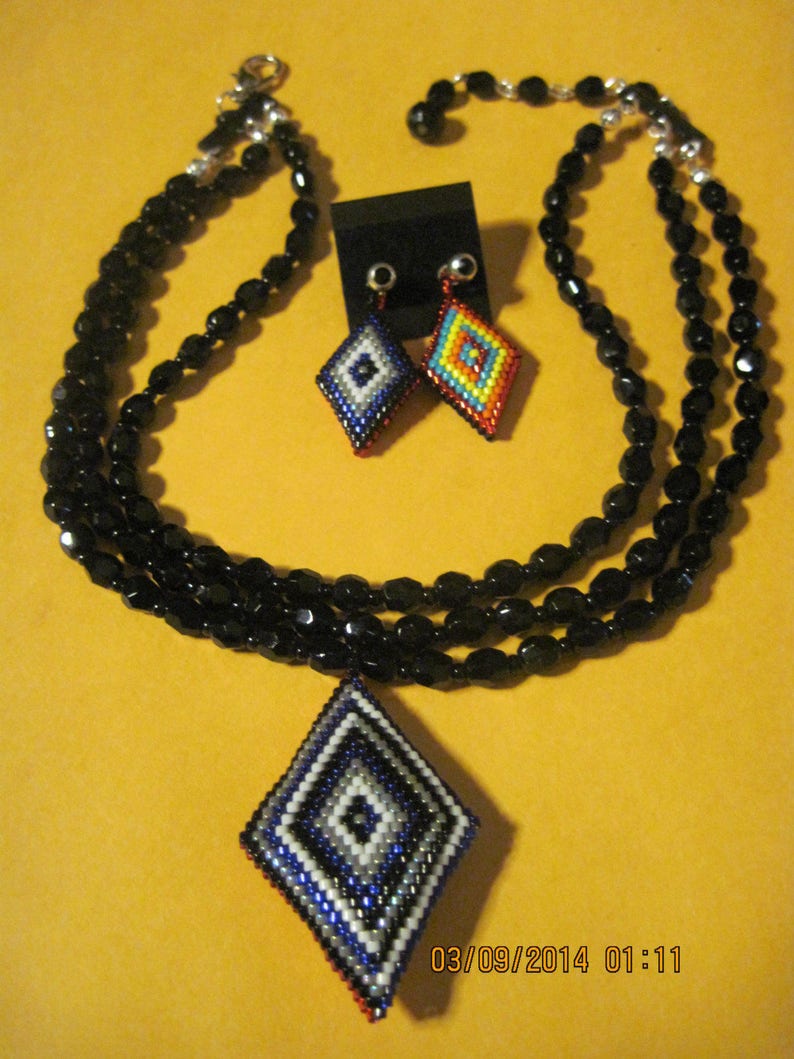 Beautiful Black Faceted Glass 3 Strand Necklace UPCYCLED into a Reversible Diamond Shape Pendant Neck and Earring 3 in 1 Set..1495h...OOAK